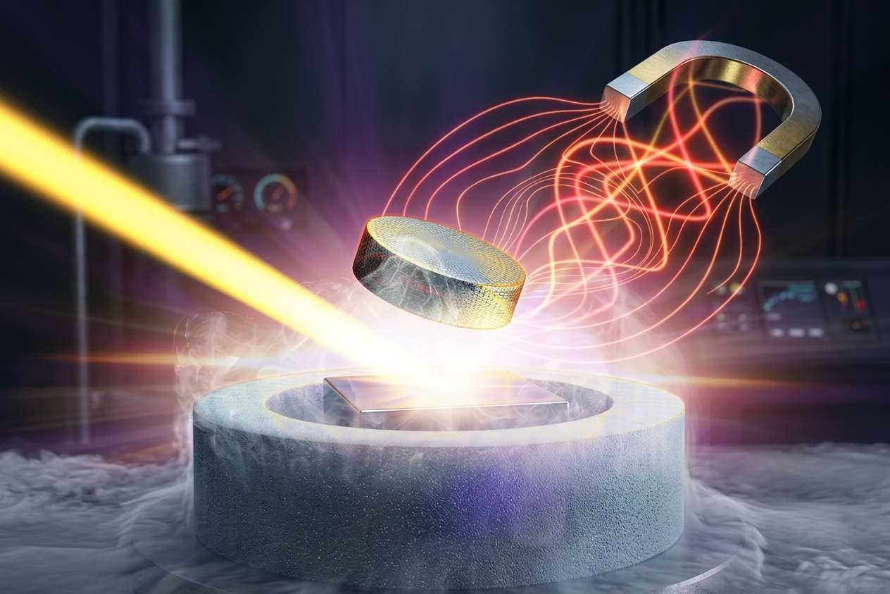 A superconducting disc floating in mid-air above a chilled base with white vapour pouring off it, beside a magnet whose field lines glow red