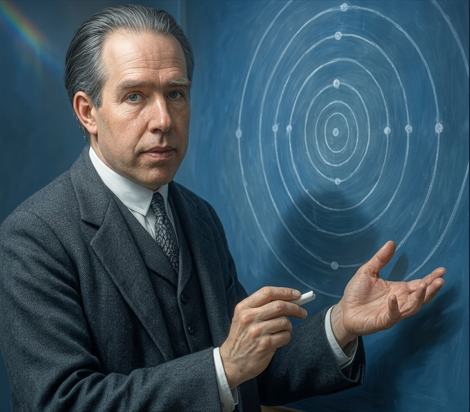 Niels Bohr at a blackboard drawing the orbits of an atom